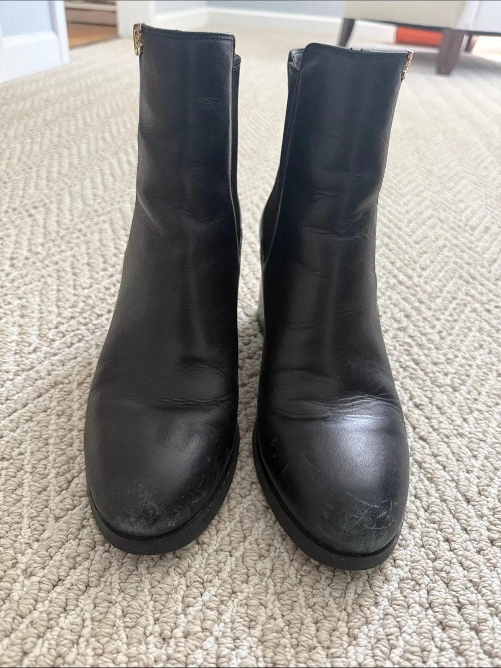 Tory Burch Black Leather Ankle Booties with Gold Logo Accent